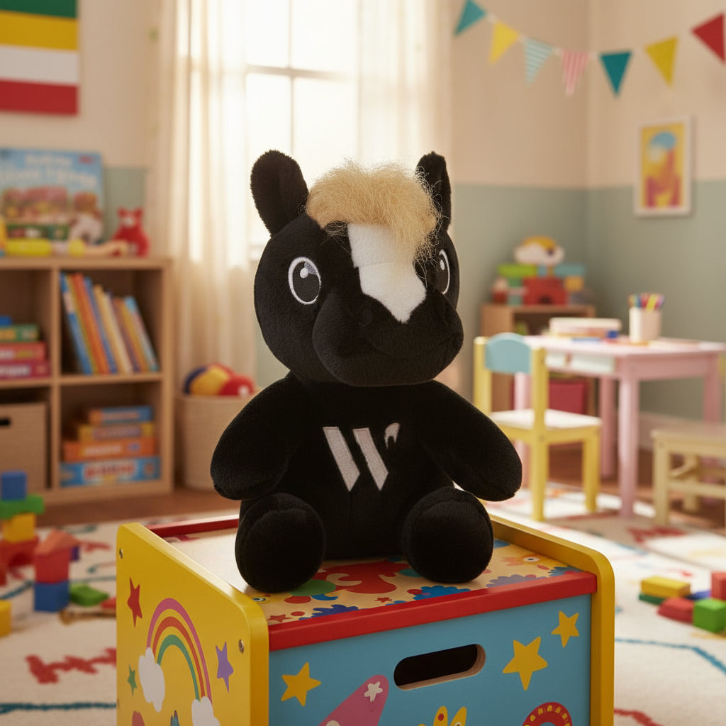 Black plush horse toy with a white blaze on a toy box