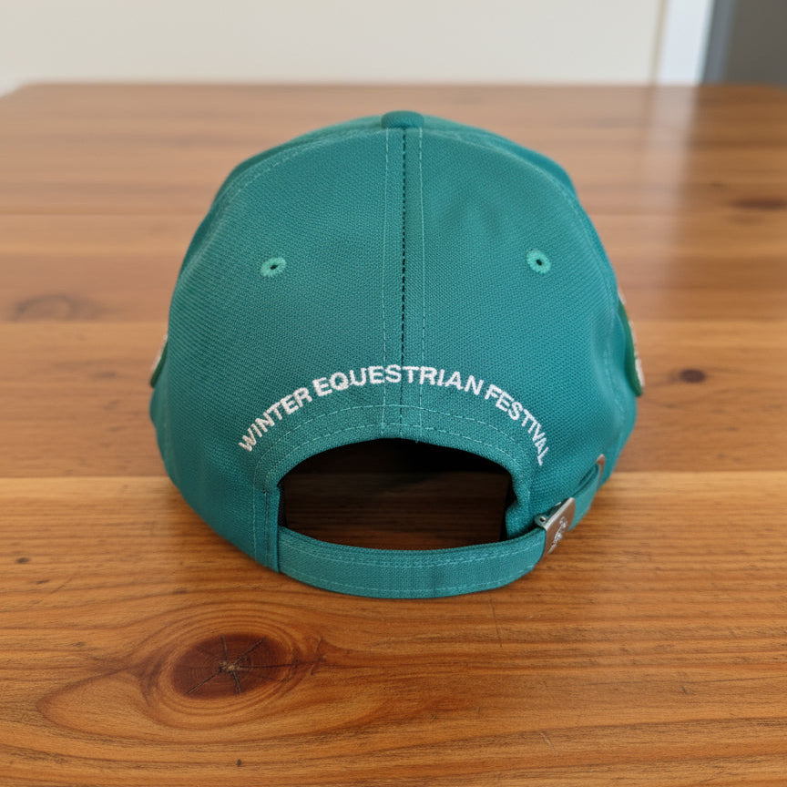 back view of teal wef had on wooden table