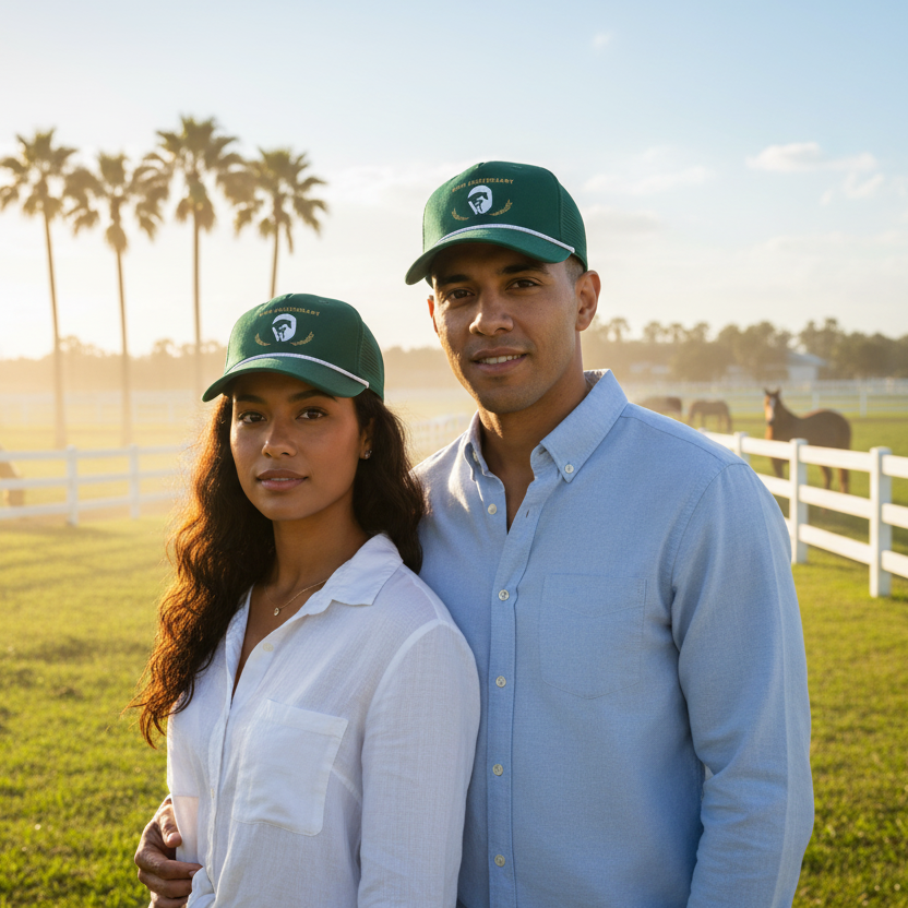 A man and woman wearing a dark green trucker-style cap with a curved brim, featuring a white and gold 50th Anniversary graphic on the front on a horse farm