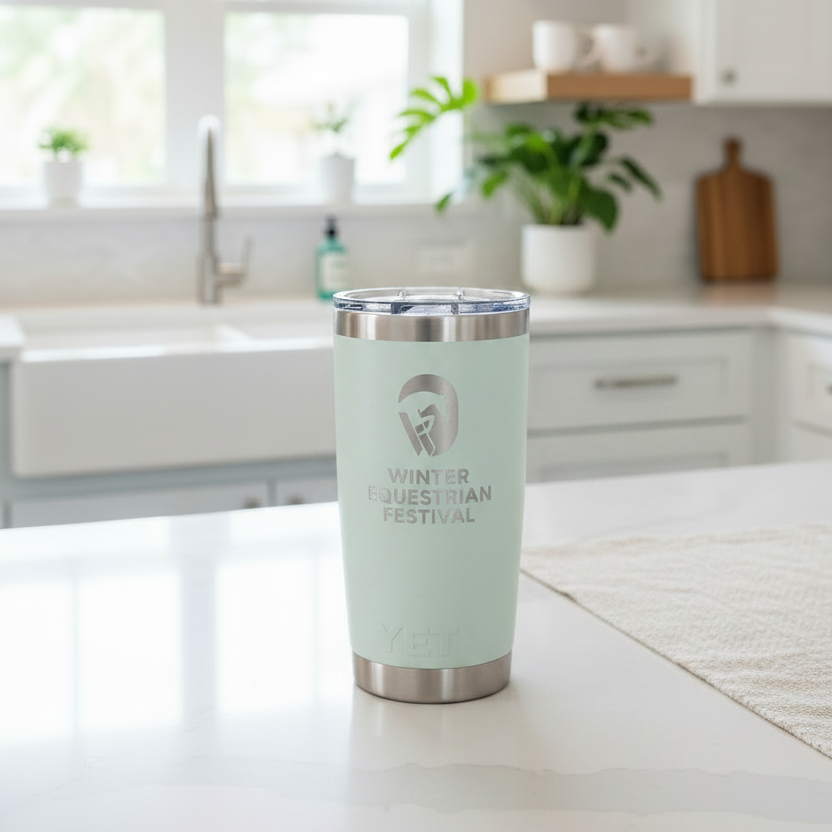 A pale mint green Yeti travel tumbler with a stainless steel lid, featuring a gray graphic of a person and the text 'WINTER EQUESTRIAN FESTIVAL'.