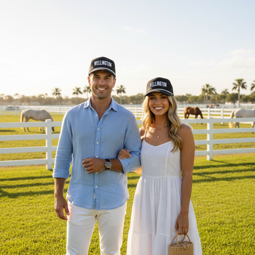 A man and woman wearing a black trucker-style cap with the word 'WELLINGTON' printed in large white block letters across the front on a horse farm