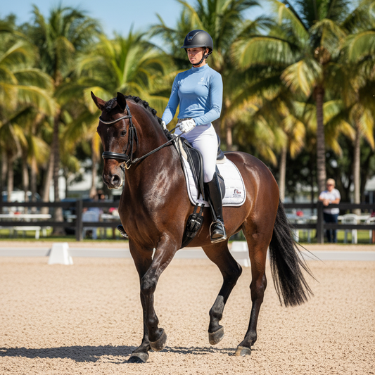 A rider riding a bay horse wearing the GDF long sleeve mock neck sun shirt in baby blue