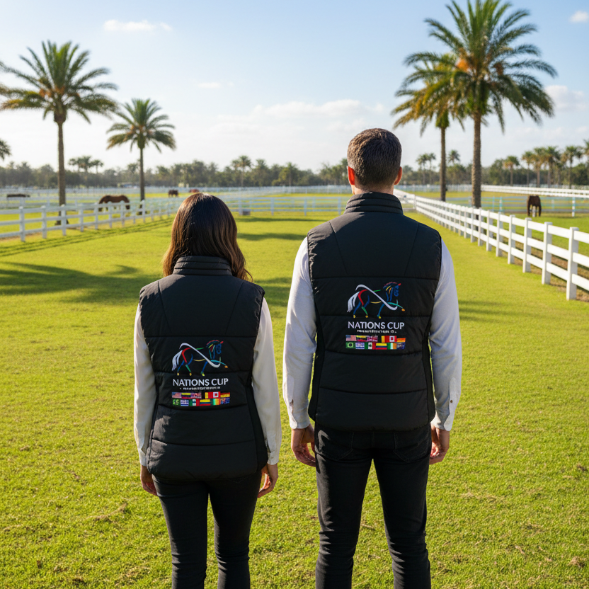 A black sleeveless puffer vest, featuring a large Wellington International Nations Cup Dressage graphic on the back with a stylized horse and multiple national flags.