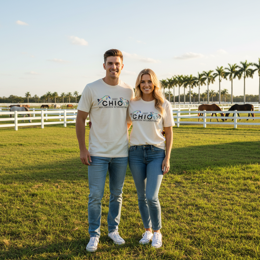 a man and woman wearing a bone white t-shirt that has the Wellington International CHIO logo on a horse farm