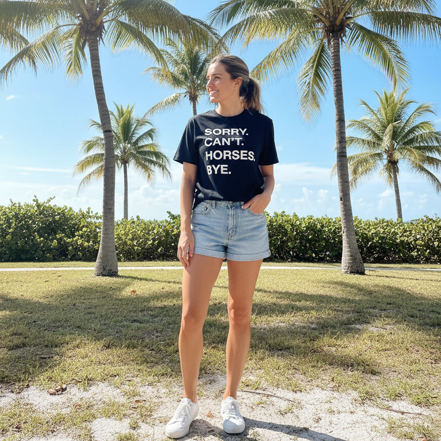 Woman wearing Cant Sorry Horses Bye Unisex tshirt in florida