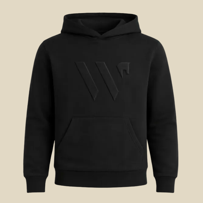 A black pullover hoodie with a tonal, embossed geometric logo on the chest, displayed against a solid dark green background.