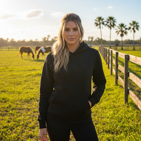 A woman wearing a black pullover hoodie with a tonal, embossed geometric logo on the chest.