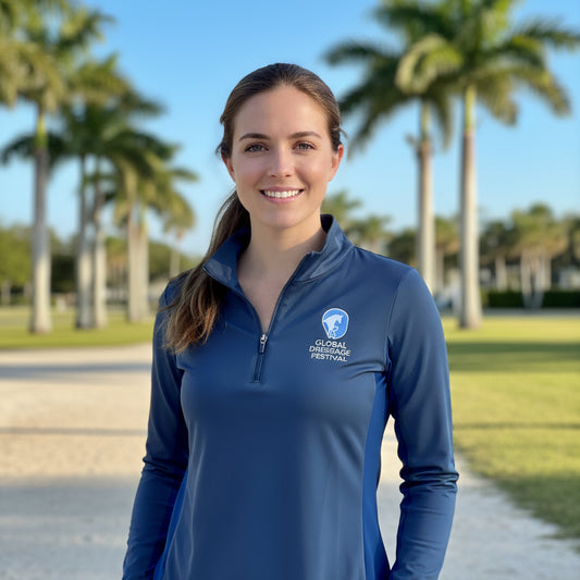 woman wearing the gdf navy sun shirt in florida