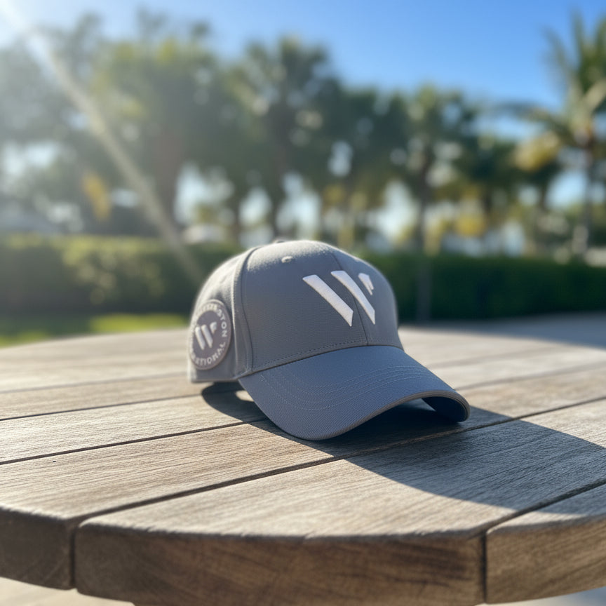 Grey Wellington International hat outside