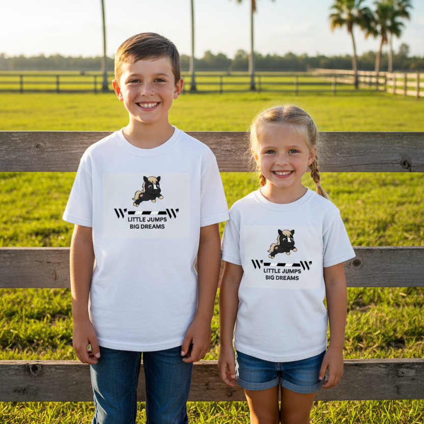 A boy and girl wearing a white short-sleeve t-shirt with a graphic of a black and tan dog jumping, above the text 'LITTLE JUMPS BIG DREAMS' in black.