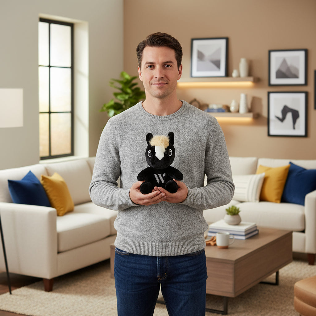 Man holding a plush toy in a living room setting