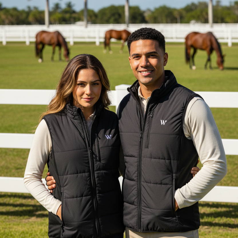 A black sleeveless puffer vest with a high collar, front zipper, and a small white stylized 'W' logo on the left chest.