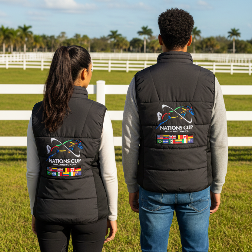 A black quilted puffer vest, featuring a large Wellington International Nations Cup logo patch on the back.