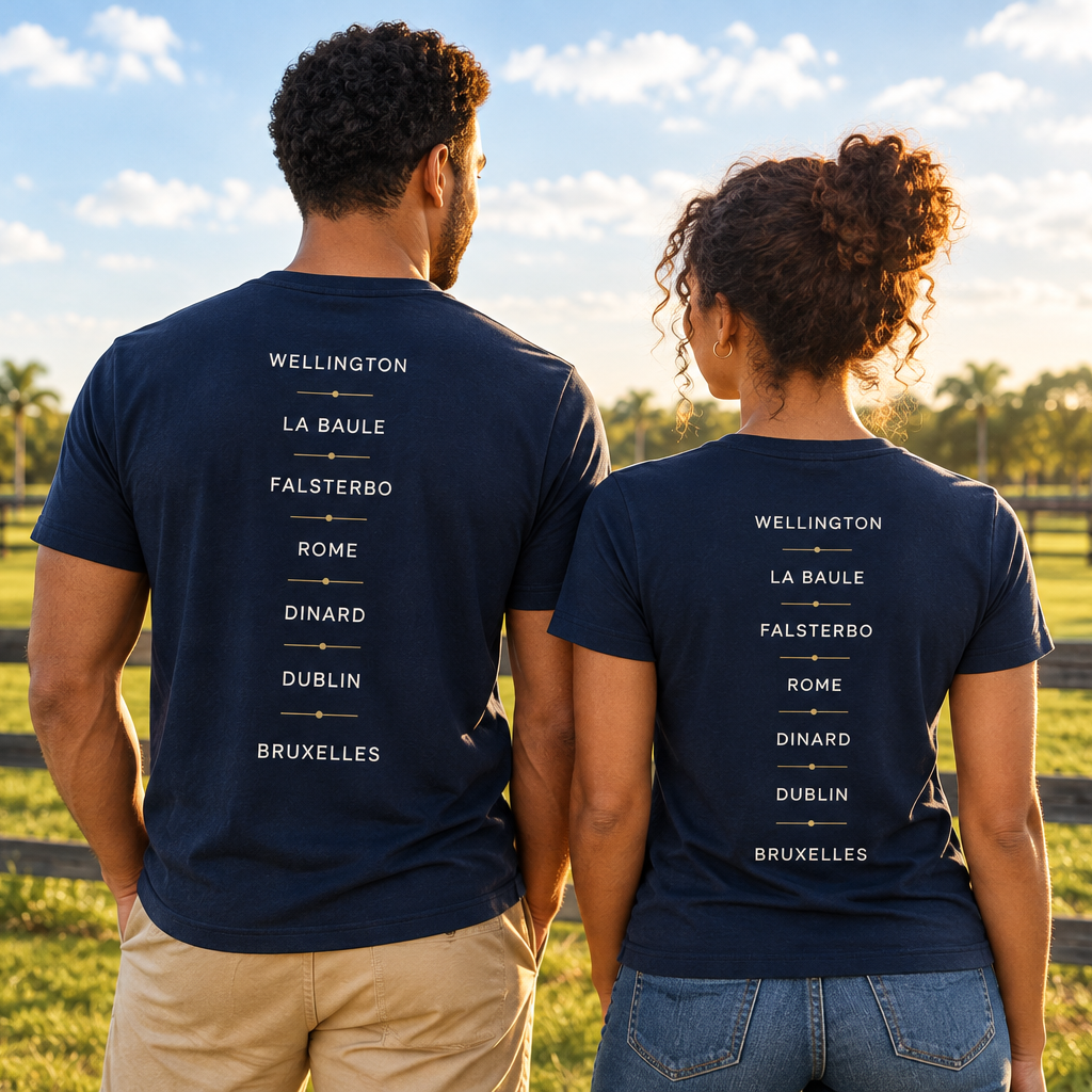 A navy blue rolex series equestrian short-sleeve t-shirt shown from the back, featuring a vertical list of cities in white text with thin gold lines separating each location.