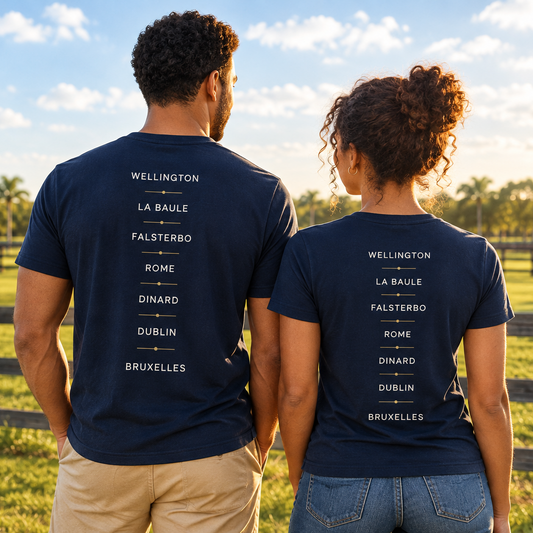 A navy blue rolex series equestrian short-sleeve t-shirt shown from the back, featuring a vertical list of cities in white text with thin gold lines separating each location.