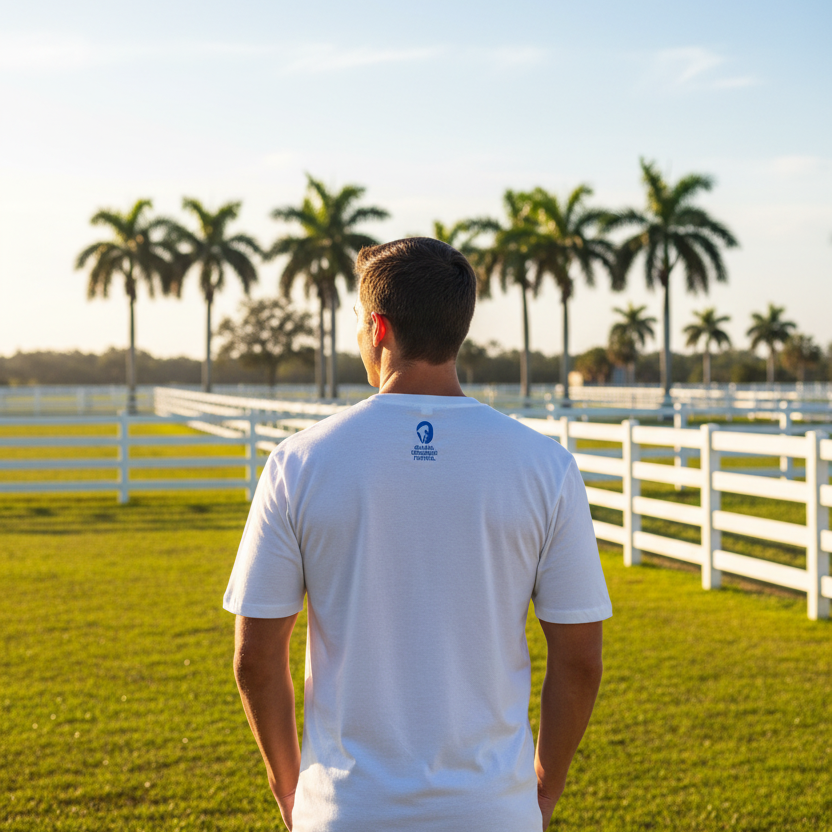 A man wearing a white short-sleeve t-shirt, viewed from the back. The shirt features a small blue logo for the 'Global Dressage Festival' printed on the upper back.