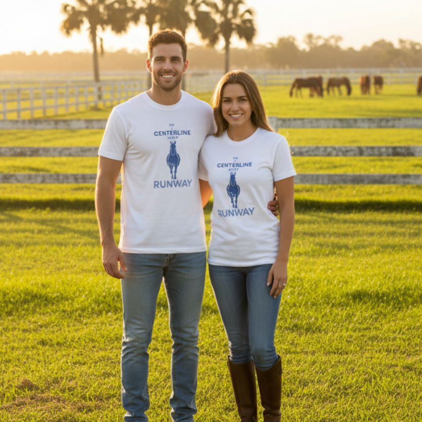 A man and woman wearing a white short-sleeve t-shirt with a blue graphic print that reads 'THE CENTERLINE IS MY RUNWAY' with a horse silhouette.