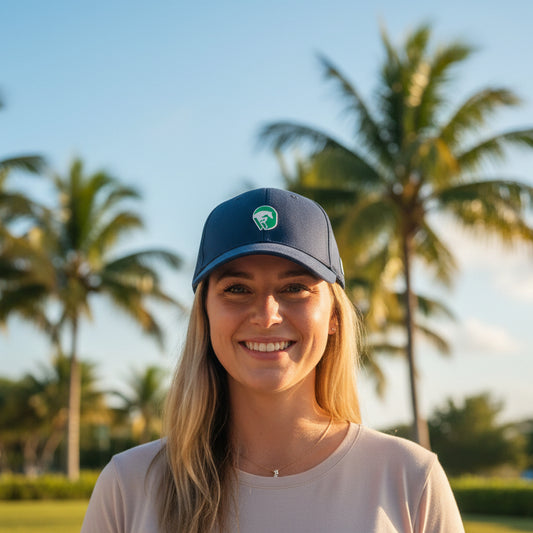 Blue cap with a green logo on a woman in florida