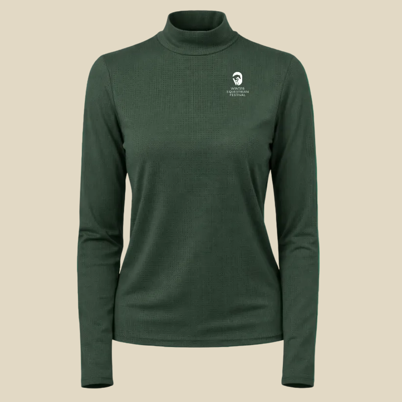 Winter Equestrian Festival green mock neck sun shirt on tan background