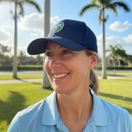 woman wearing wef logo hat in navy blue outside 