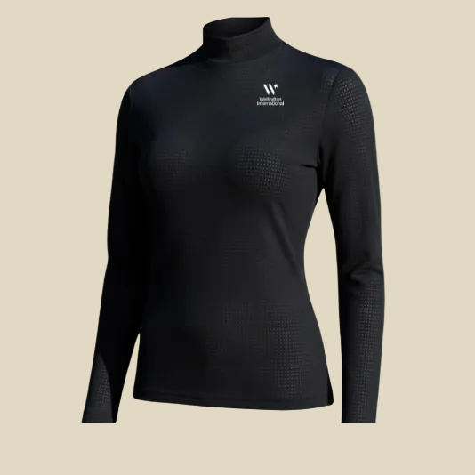 A black long-sleeve mock neck athletic top with a subtle textured pattern, featuring a white 'W' logo against a solid tan background.
