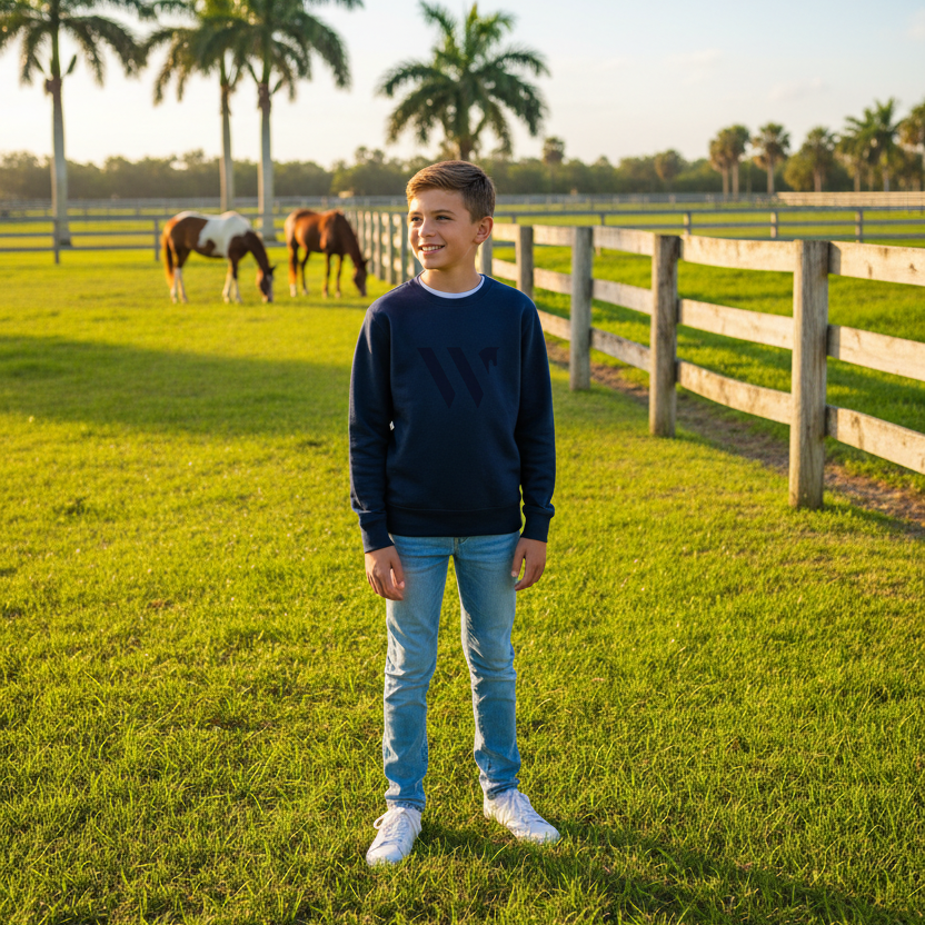 A boy wearing a navy crew neck sweatshirt on a horse farm 