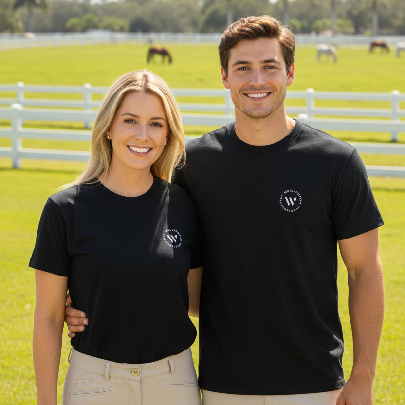 A smiling man and woman wearing a black short-sleeve crewneck t-shirt with a small white circular 'Wellington International' logo on the left chest.