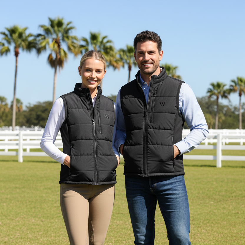 A man and a woman wearing a black sleeveless puffer vest with a full-front zipper, a stand-up collar, and zippered pockets, featuring a black stylized 'W' logo on the left chest.