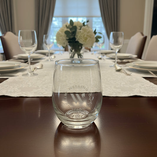 Wellington International stemless wine glass on a dining room table