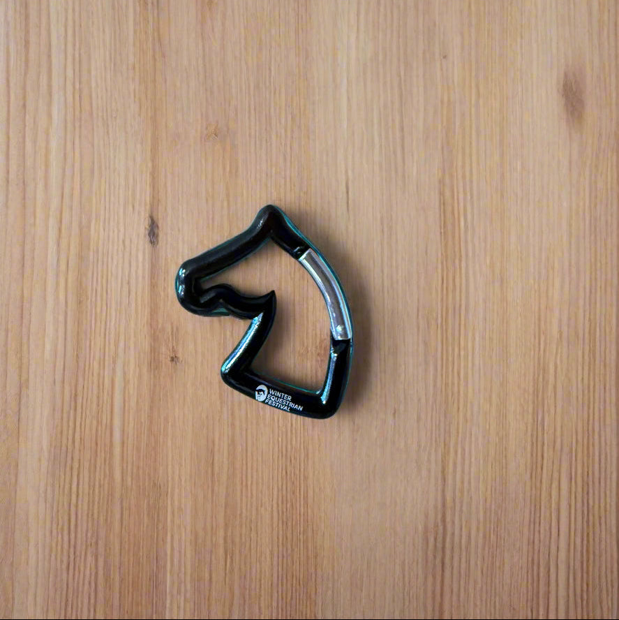 Black carabiner on a wooden surface