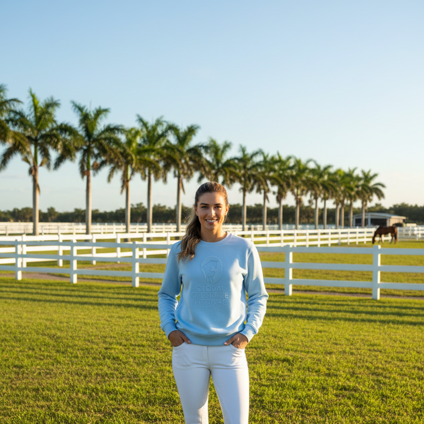 A woman wearing a slate blue crewneck sweatshirt featuring an embossed tonal graphic on a horse farm in florida