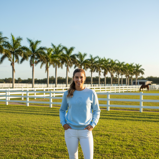 A woman wearing a slate blue crewneck sweatshirt featuring an embossed tonal graphic on a horse farm in florida