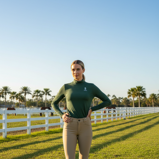 Woman wearing green Winter Equestrian Festival mock neck sun shirt at a horse farm
