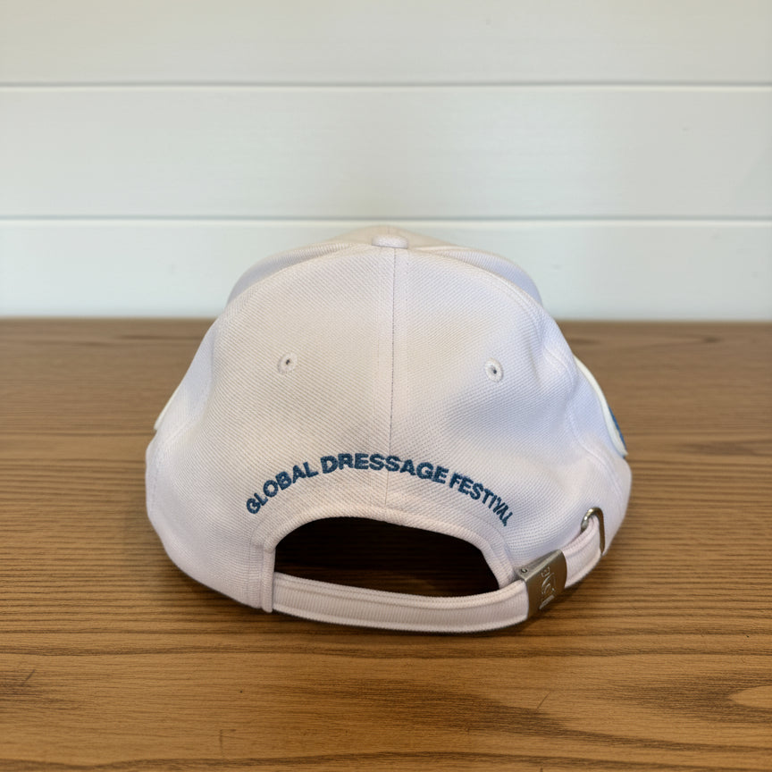 back view of white gdf hat on wooden table