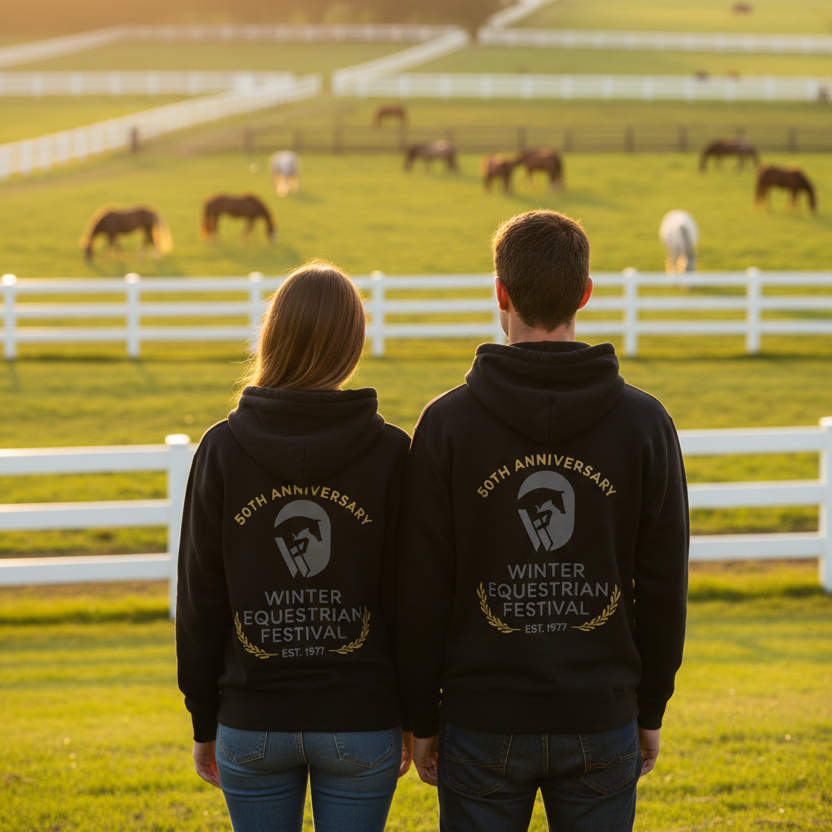 a man and woman wearing the WEF 50th anniversary black logo sweatshirt