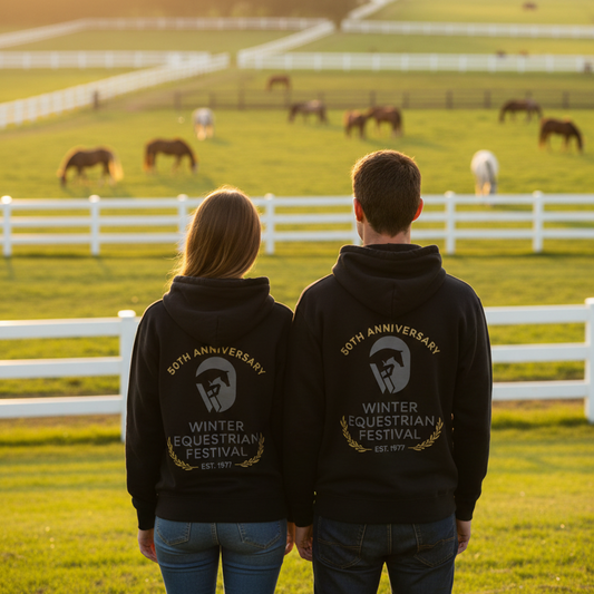 a man and woman wearing the WEF 50th anniversary black logo sweatshirt