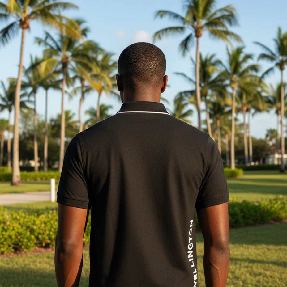 rolex series back view of mens polo in black