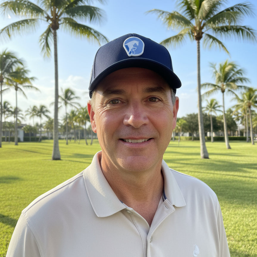 man wearing gdf navy hat outside