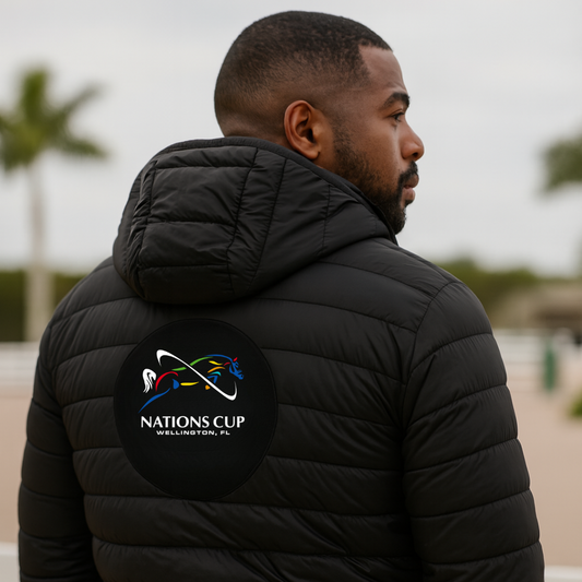Man wearing a black puffer jacket with dressage Nations Cup'logo on the back, standing outdoors.