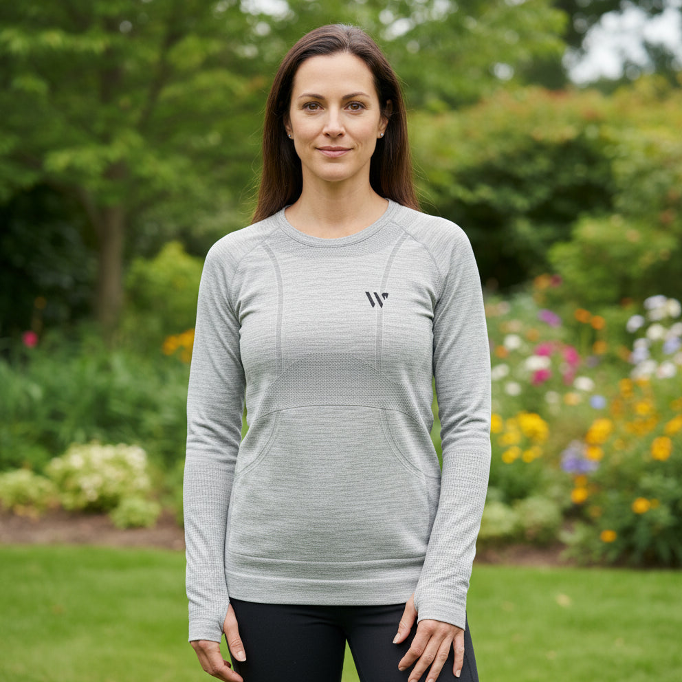 woman in grey wellington international sun shirt